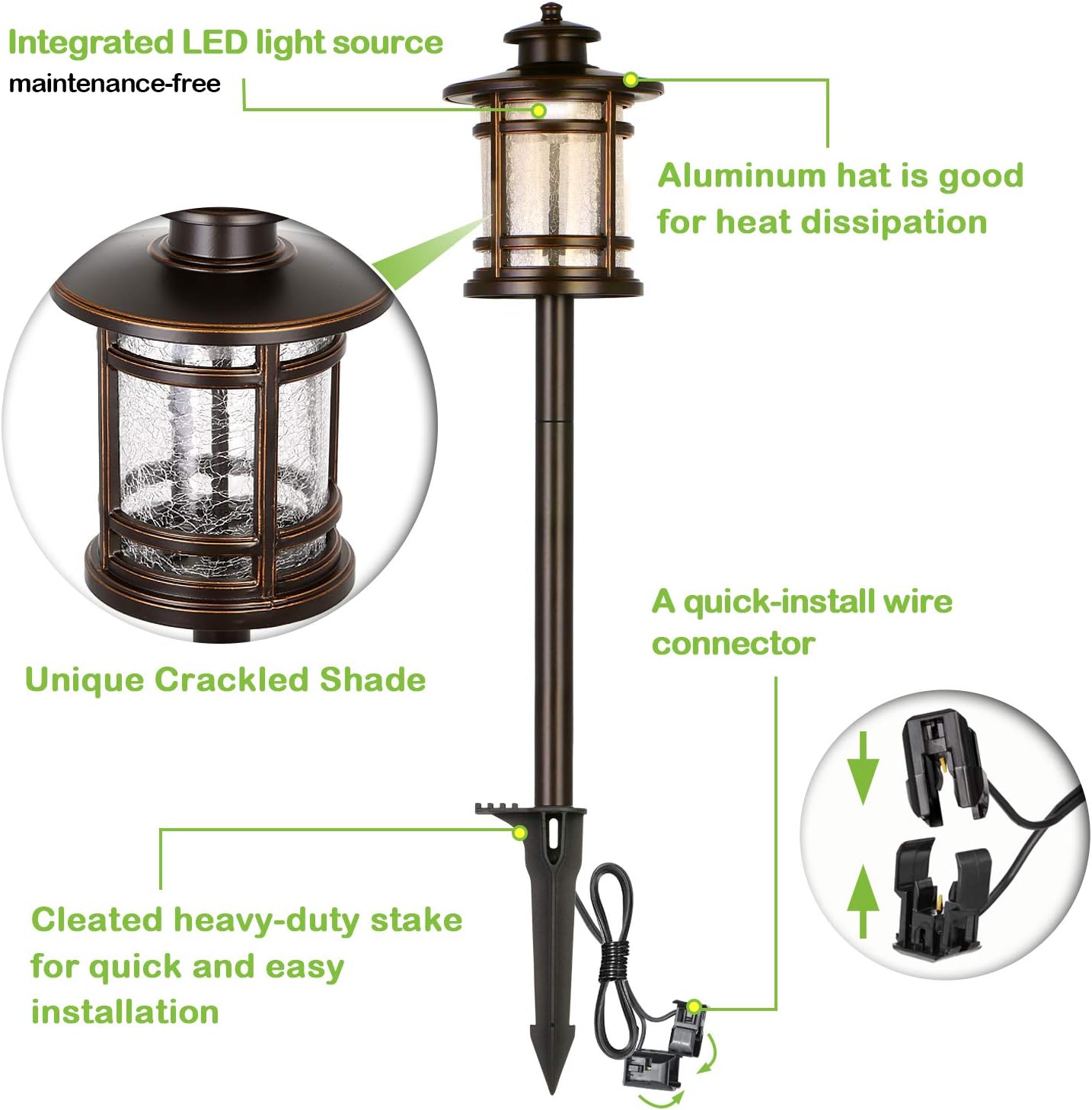 hykolity Low Voltage ORB LED Landscape Path Light with Crackled Glass Shade, 3.4W 155LM 12V-15V Wired Outdoor LED Walkway Light, Die-cast Aluminum Construction, 30-Watt Equivalent, 6 Pack