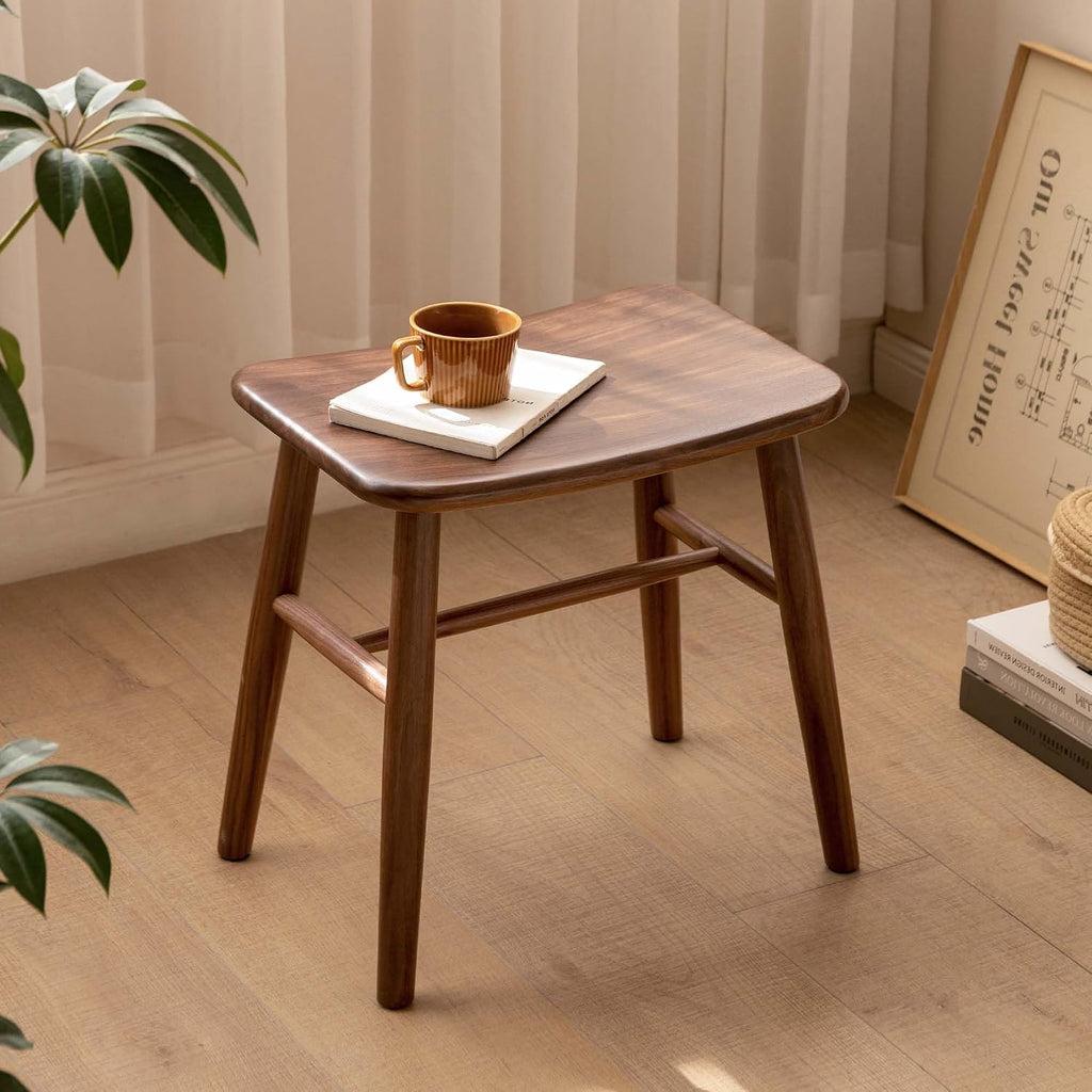 YESWOOD Small Vanity Stool, Black Walnut Wood Makeup Chair, Curved Surface Footstool for Bedroom, Dining Room, Entryway, Walnut Color