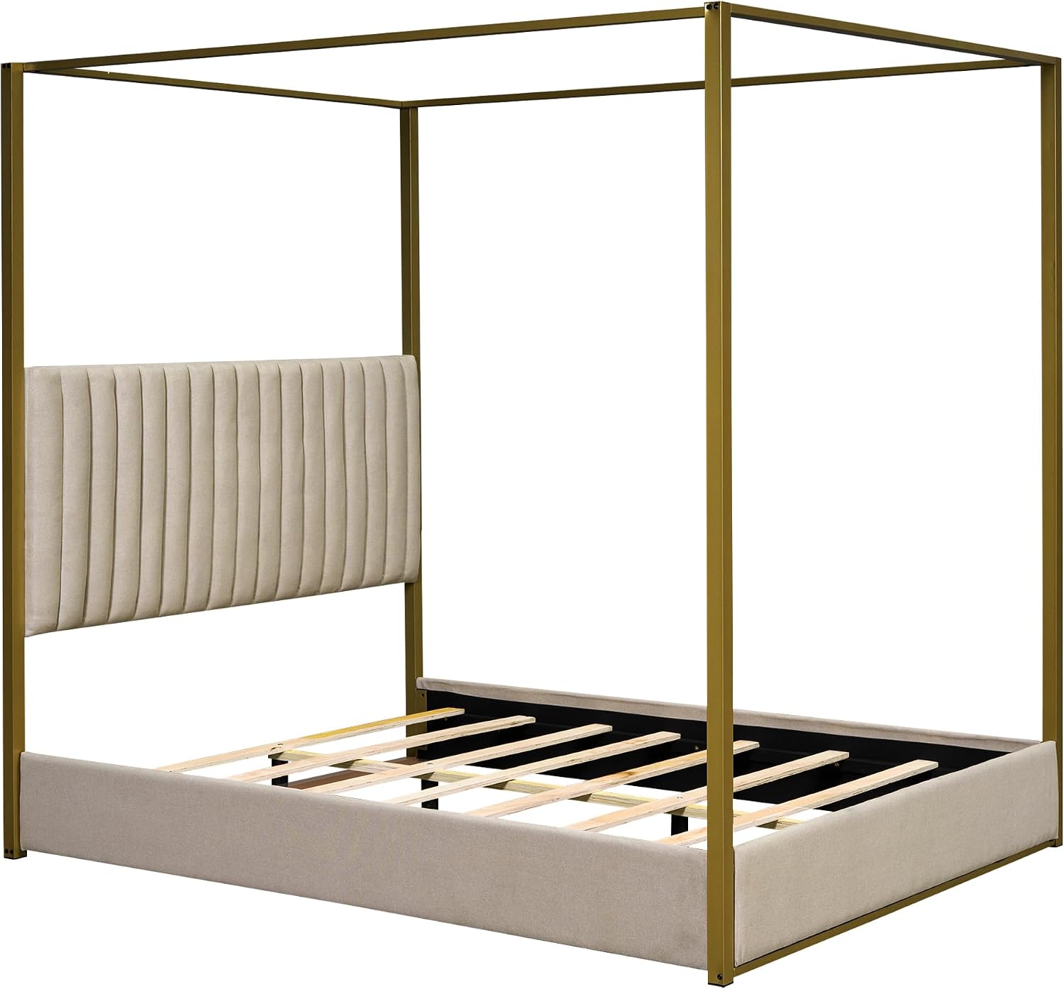 Modern 4-Poster Canopy Platform Bed Queen Size with Channel Upholstery Tufted Headboard, Gold Metal Canopied Design Platform Bed Frame with Strong Slats Support (Beige+U)