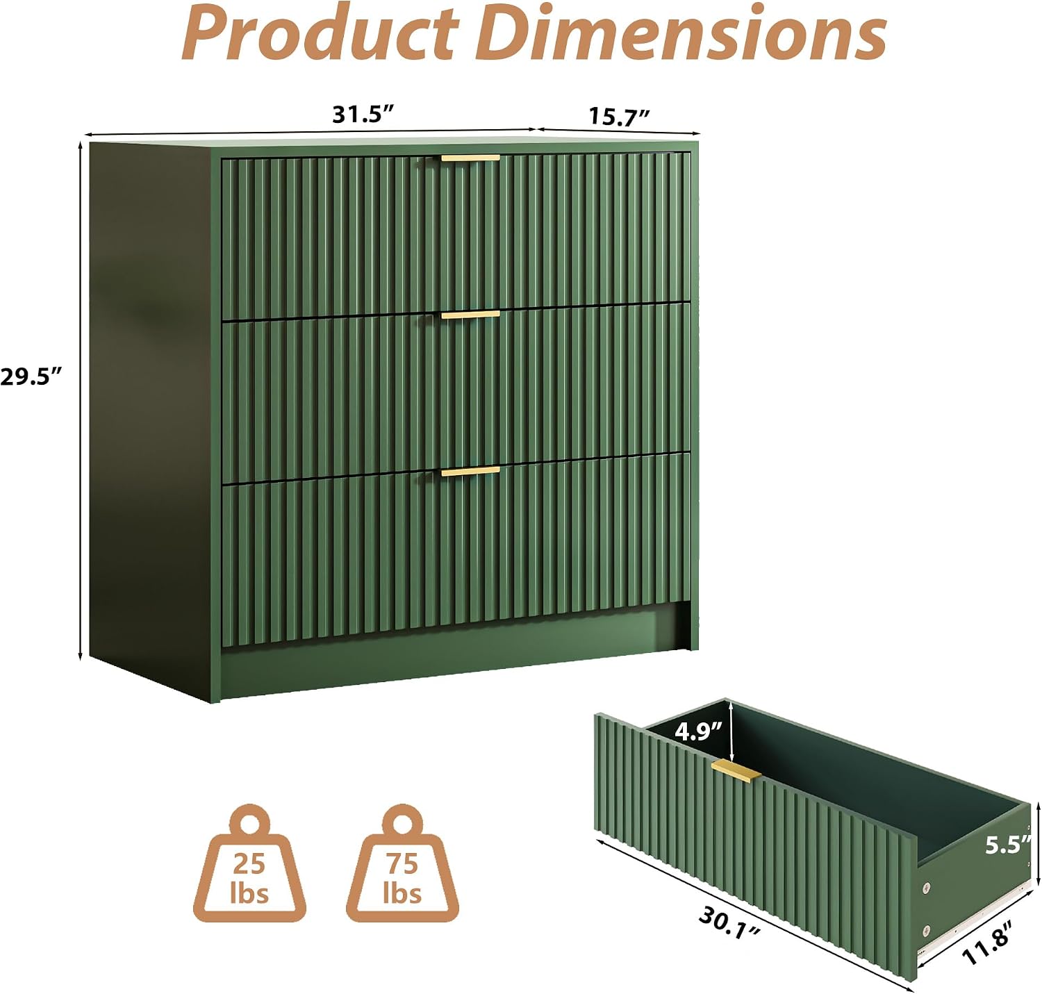 MAISONARIA 3-Piece Dresser Bedroom Set, 9 Drawer Dresser & 3 Drawer Nightstands with Gold Handles, Fluted Wood Chest of Drawers for Bedroom, Living Room, Entryway, Green