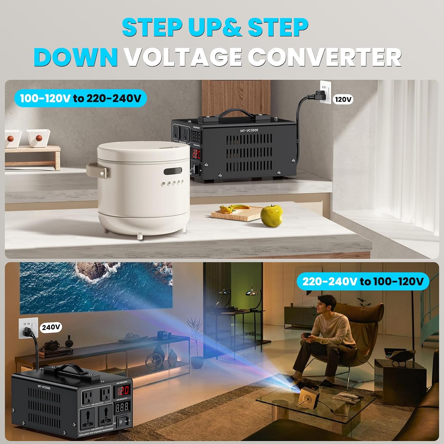 2000W Voltage Converter Transformer(110V to 220V or 220V to 110V) Step Up/Down Converter 110/120 Volt - 220/240 Volt w/US Power Cord,Circuit Breaker Protection, LCD Screen Display