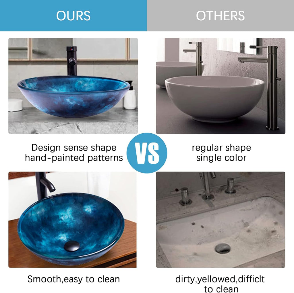 Vessel Sink 16.5' Bathroom Sinks Tempered Glass Blue Art Basin Round Bowl with Faucet Combo Blue,Modern Countertop Bowl Sink for Lavatory Vanity Cabinet