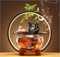 Indoor Water Fountain Tabletop Fountains Indoor Relaxation Desktop Ceramic Tabletop Fountain with Glass Fish Tank Wooden Base and Led Light,F