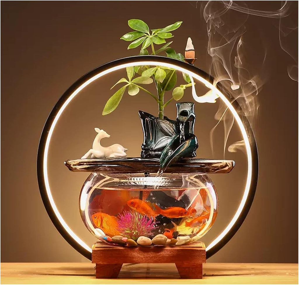 Indoor Water Fountain Tabletop Fountains Indoor Relax Tabletop Fountain with Glass Fish Tank Wooden Base and Led Lights,F