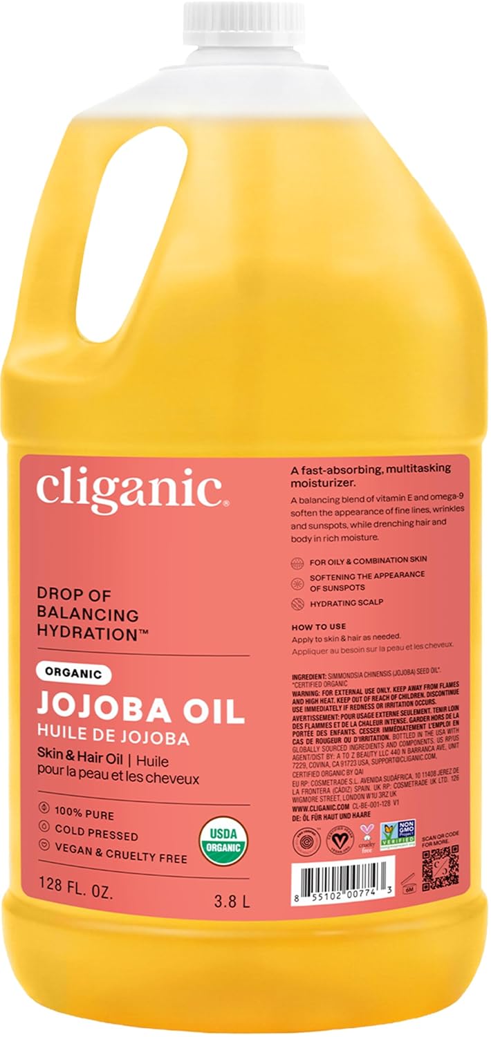 Cliganic Organic Jojoba Oil Bulk, Gallon Size 128oz, 100% Pure - Non-GMO