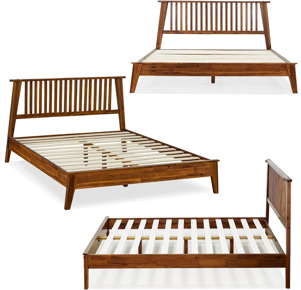 Acacia Kaylin Bed Frame with Headboard Solid Wood Platform Bed, King Bed Frame, Themed Headboard Wood Bed Compatible with All Mattress Types, No Box Spring Needed, Quick & Easy Assembly, Caramel.