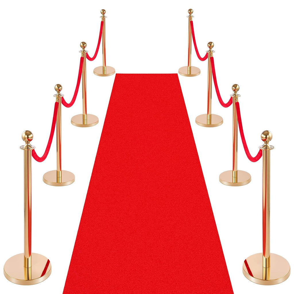 VEVOR Stanchions and Velvet Ropes 8Pcs, Hollow Base with Stainless Steel Post & 32.81ft Carpet, 6 Red Velvet Ropes, Crowd Control Barriers Gold Stanchions, Red Carpet Runner Poles for Party Supplies