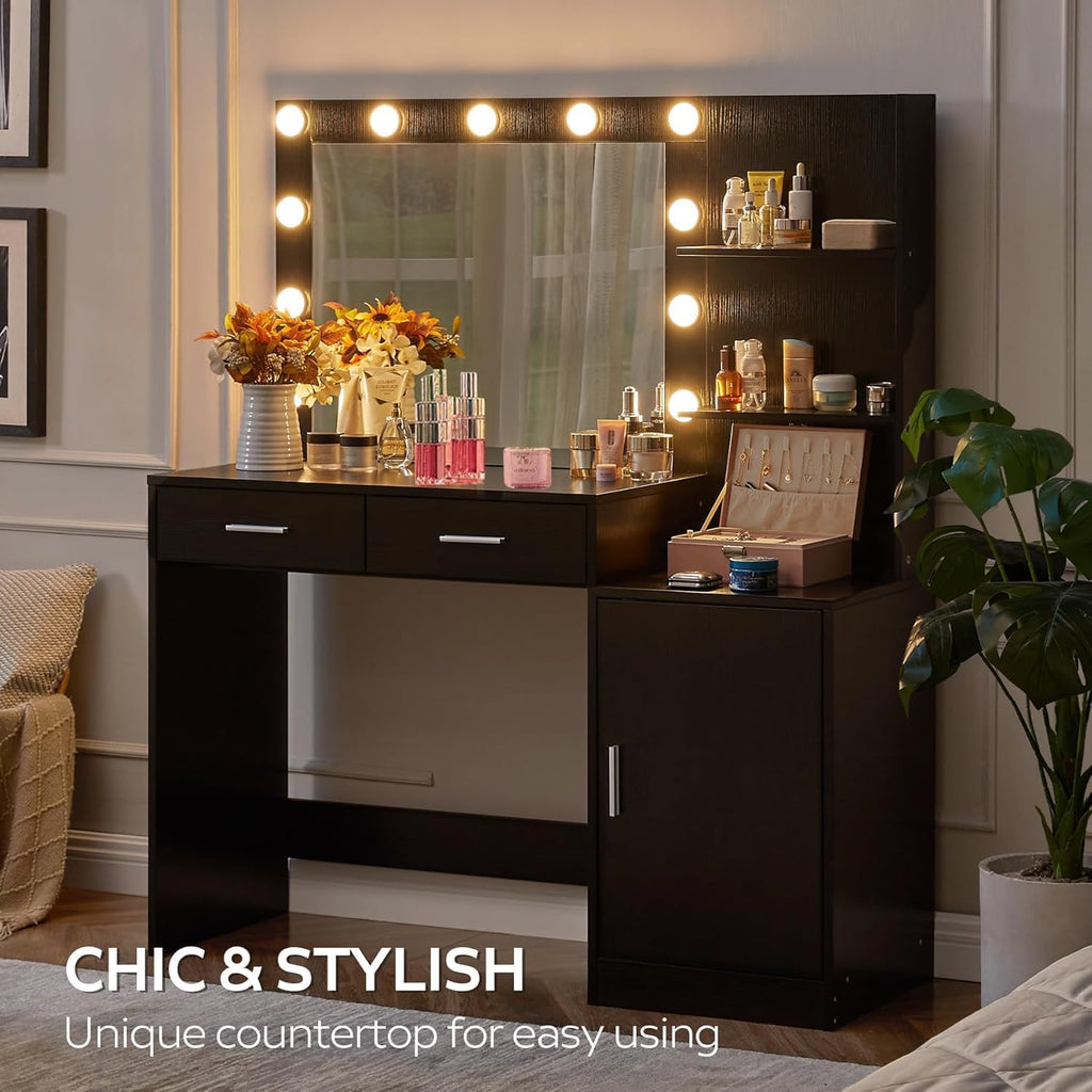 Palimder Vanity Desk with Lamp Bulb Mirror Drawers,Vanity Storage Bench,Makeup Vanities Table for Bedroom