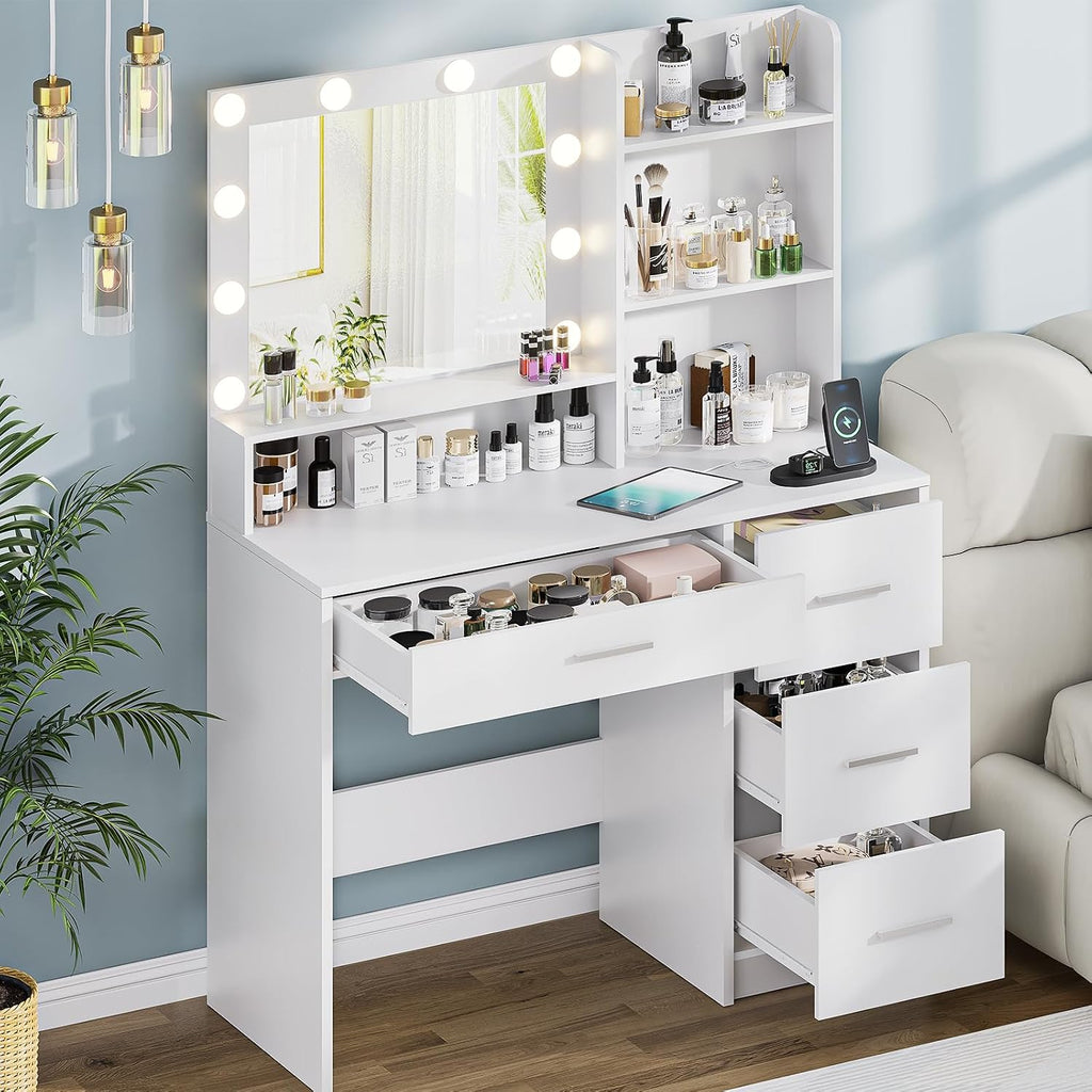 DINGIPP Vanity Desk with Lighted Mirror and Charging Station, Makeup Vanity with 4 Drawers & Storage Shelves,Makeup Desk 3 Color Lights Modes Available, Bedroom Dressing Table for Women, Girls