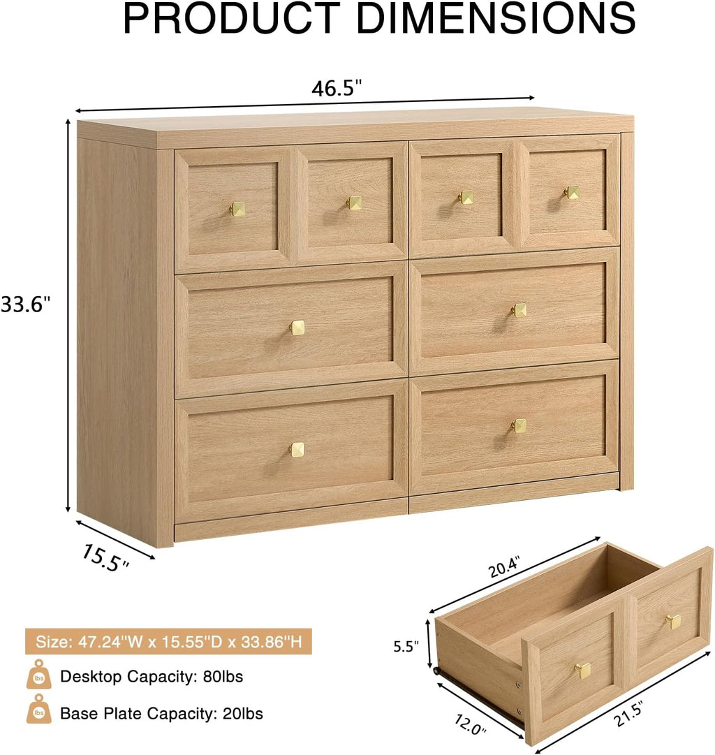 3-Piece Bedroom Set, 6 Drawer Dresser and 3 Drawer King Size Nightstands Set of 2 with Charging Station, 3 Piece Farmhouse Wood Bedroom Dresser and Nightstand Sets,Natural