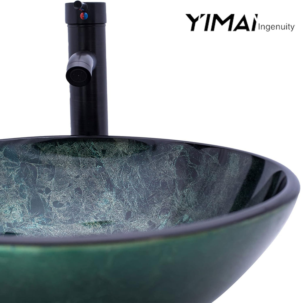 Vessel Sink 16.5' Bathroom Sinks Tempered Glass Green Art Basin Round Bowl with Faucet Combo Green,Countertop Bowl Sink for Lavatory Vanity Cabinet