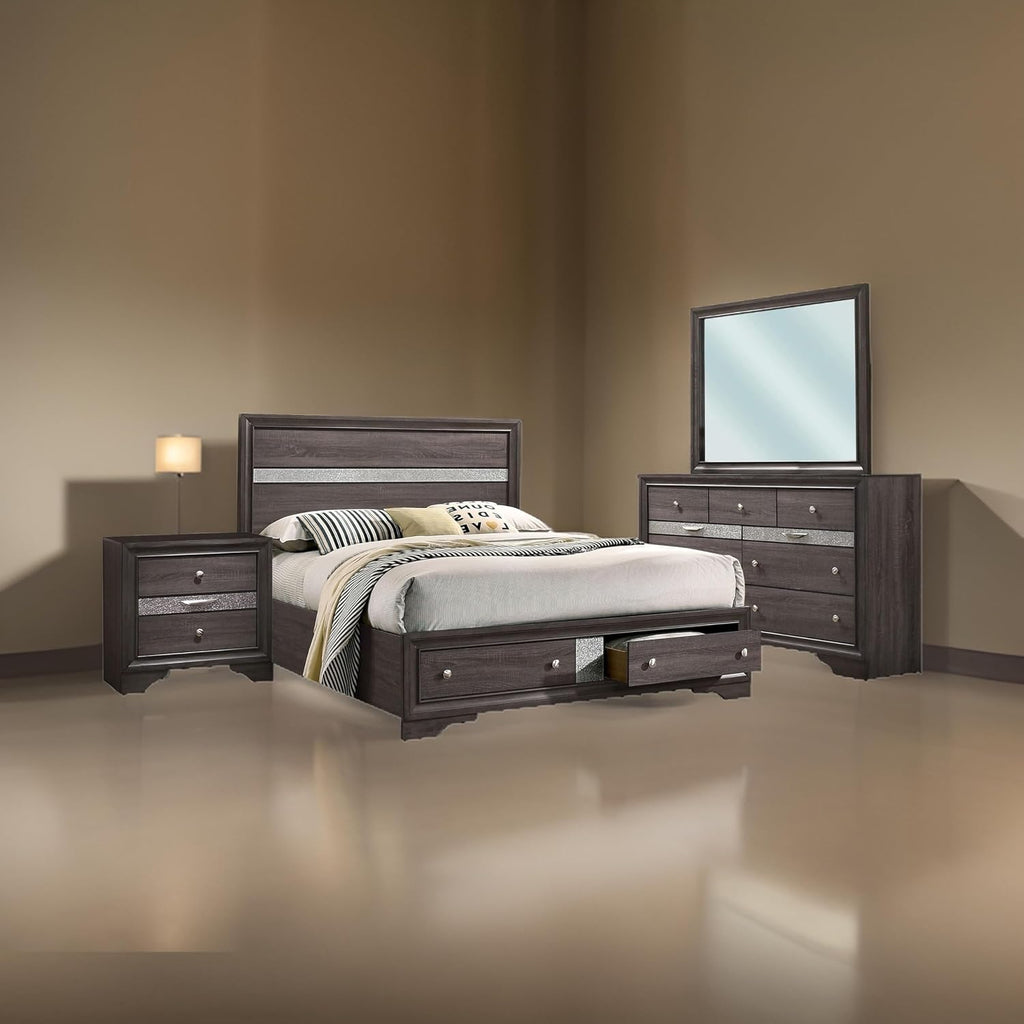 Benjara ISY Four PC Queen Size Bedroom Set-Silver Accent Knobs-Contemporary Gray