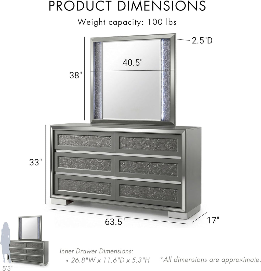 Furniture of America Uself Modern Solid Wood 5-Piece Bedroom Set with LED on Headboard and Mirror, Silver Bracketed Feet, Leaf Pattern Molding, No Box Spring Needed, King, Dark Gray
