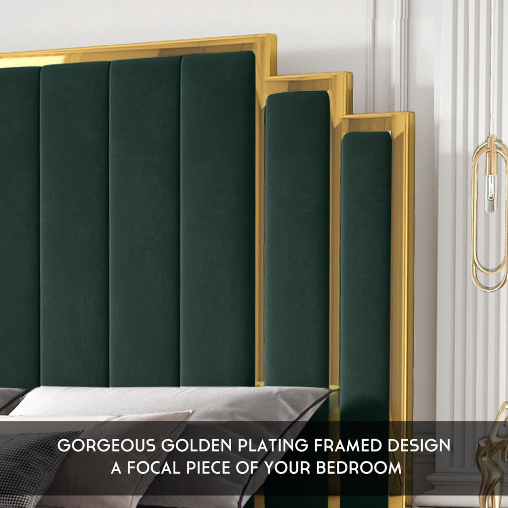 HOWE Queen Size Bed Frame and 61' Headboard, Upholstered Bed with Golden Plating Trim, Modern Platform Bed No Box Spring Needed, Green