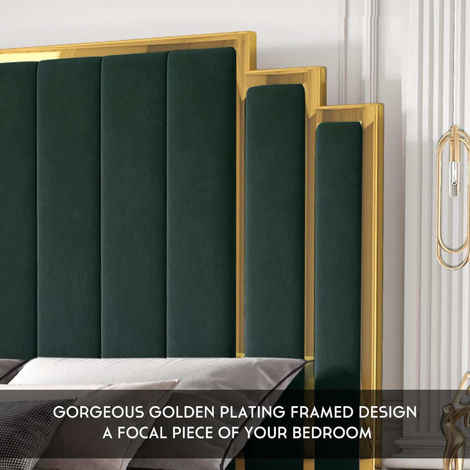 HOWE Queen Size Bed Frame and 61' Headboard, Upholstered Bed with Golden Plating Trim, Modern Platform Bed No Box Spring Needed, Green