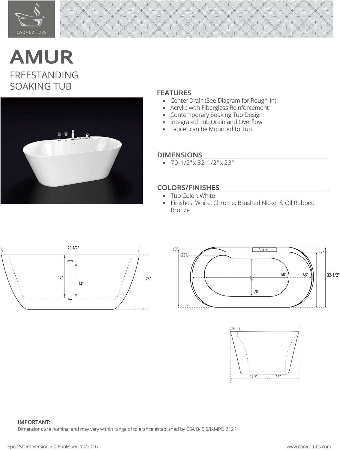 Carver Tubs - Amur 70' - Modern Freestanding Soaking Bathtub With Heated Jetted Air - Modern Spacious Oval Acrylic Fiberglass Tub With Chrome Drain - Deep Relaxing Soak - 70.5'L x32.5'W x 23'H