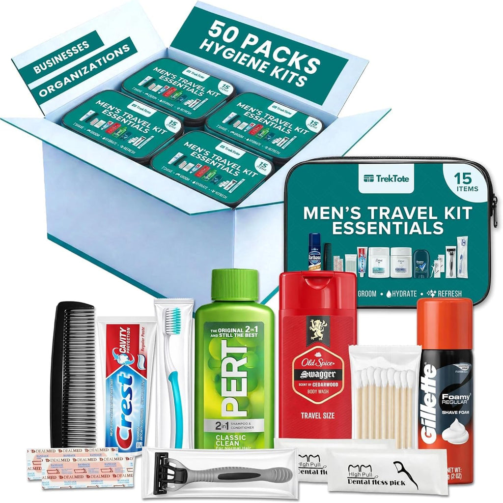 TrekTote Bulk 50 Case Pack of Men's 15 Piece Set Hygiene Kits, Travel Size Toiletries, Deodorant, Shampoo, Body Wash, Shaving Cream, Razor, Toothbrush, Toothpaste, Comb, Flossers, Swabs