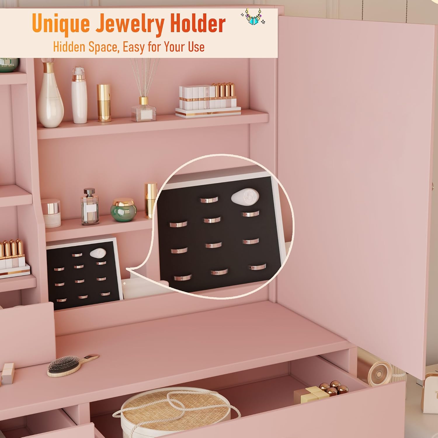 DYHOME Makeup Vanity Desk with LED Lights Mirror 3 Adjustable Modes and Power Outlets, Vanity Table with 6 Drawers Dresser and Bench, Makeup Desk for Bedroom Dressing Room, Pink