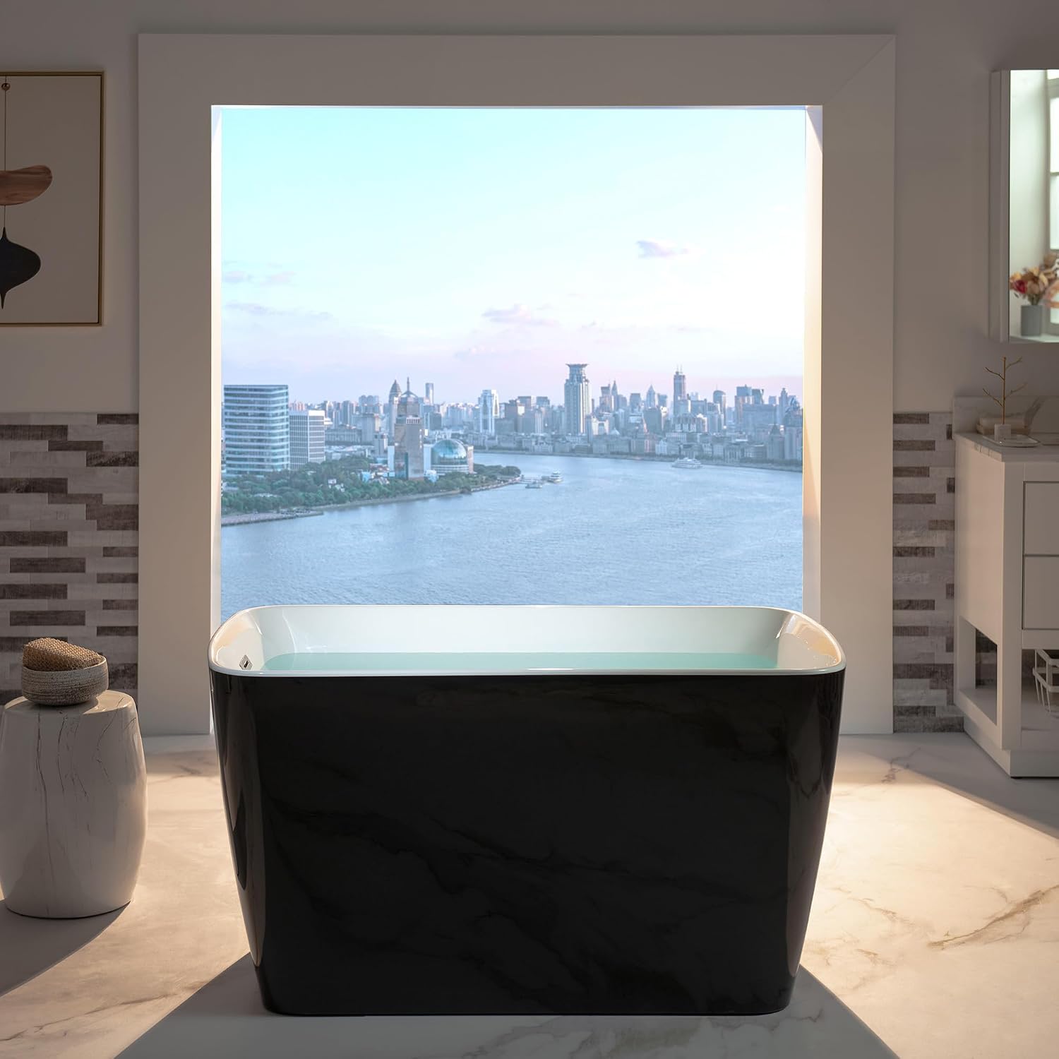 WOODBRIDGE 48' Acrylic Freestanding Square Shape Janpanese Soaking Tub with Pre-molded Seat and Brushed Nickel Pop-UP Drain and Overflow Option, Black, B1870