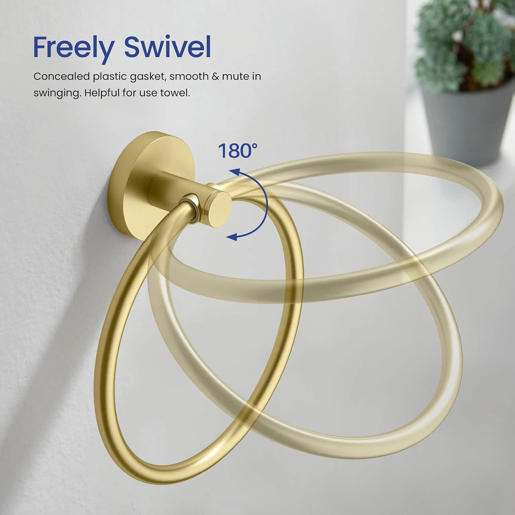 KIBI 5 Piece Circular Bathroom Hardware Set Bathroom Accessories Set | Towel Bar (18'), Towel Ring, Toilet Paper Holder, Robe Hooks (Brushed Gold) (C-KBA14-5-4)