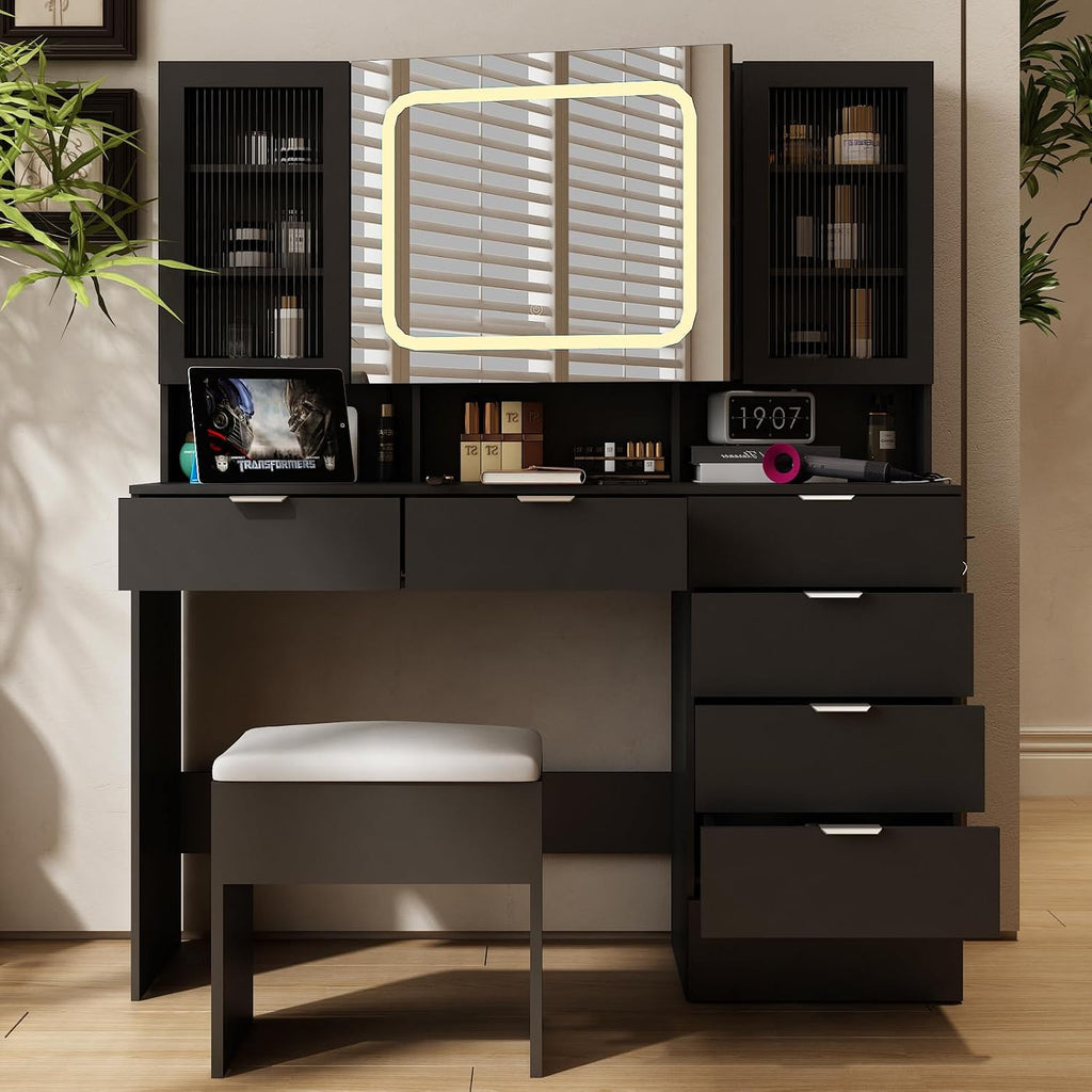 VINGLI Vanity Desk with LED Lighted Mirror & Padded Bench, Makeup Set with 7 Drawers & 2 Clear Glass Cabinets & 1 Hidden Mirror Cabinet & 3 Storeroom & Charging Station for Bedroom, Black