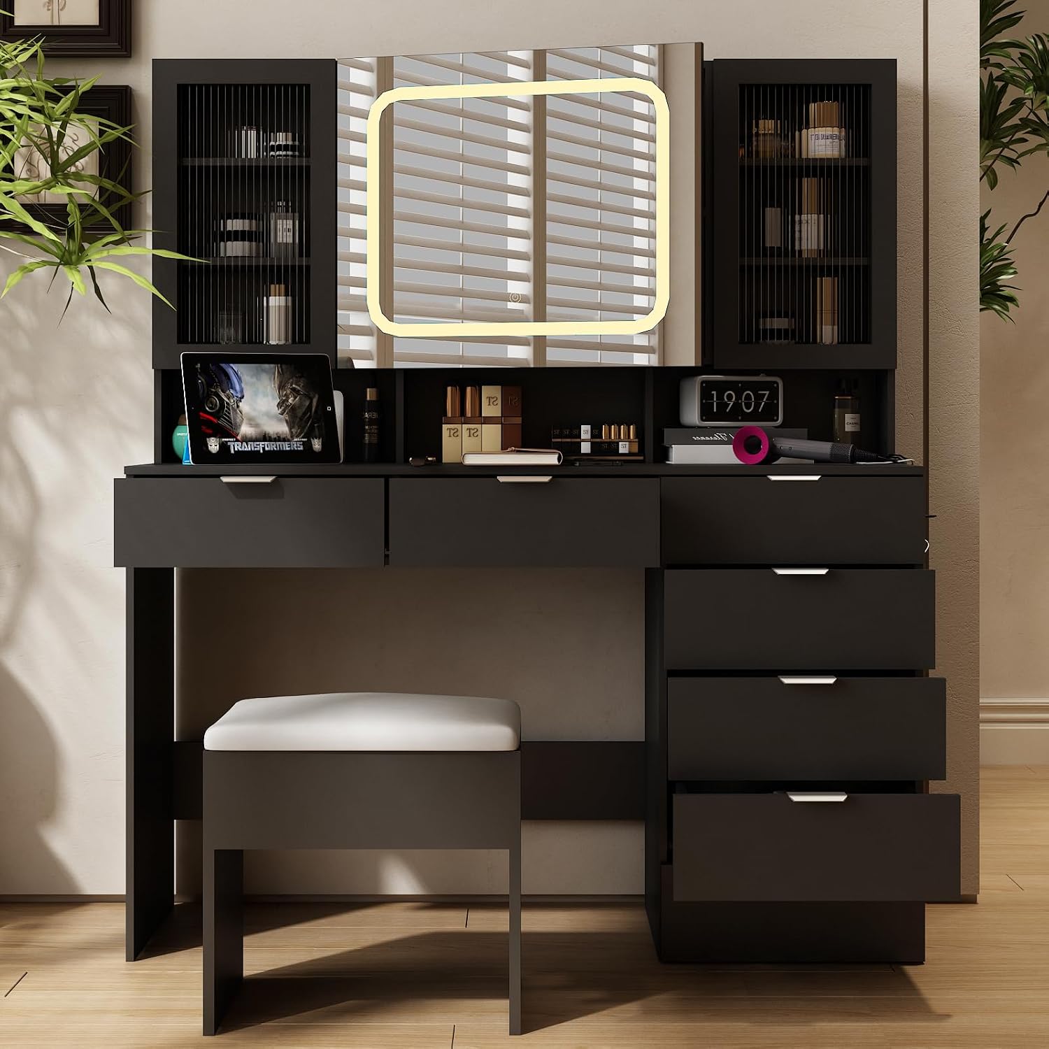 VINGLI Vanity Desk with LED Lighted Mirror & Padded Bench, Makeup Set with 7 Drawers & 2 Clear Glass Cabinets & 1 Hidden Mirror Cabinet & 3 Storeroom & Charging Station for Bedroom, Black