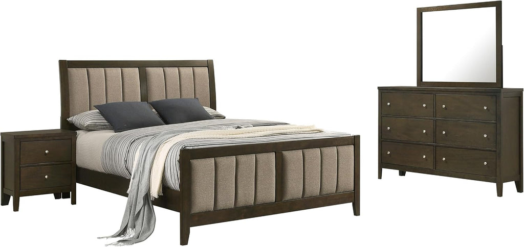 Coaster Home Furnishings Wilkes Transitional 4-Piece Bedroom Set Fabric Upholstered Queen Size Panel Bed Frame 51-inch Headboard Dark Cocoa 224421Q-S4