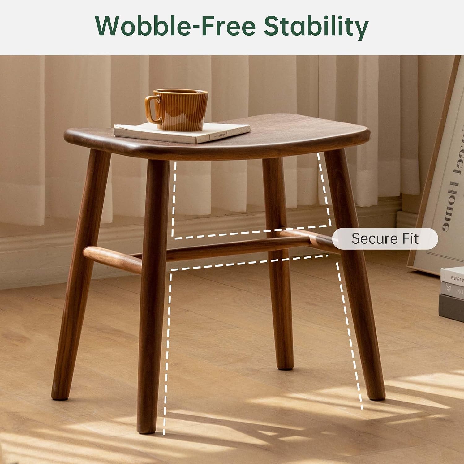 YESWOOD Small Vanity Stool, Black Walnut Wood Makeup Chair, Curved Surface Footstool for Bedroom, Dining Room, Entryway, Walnut Color