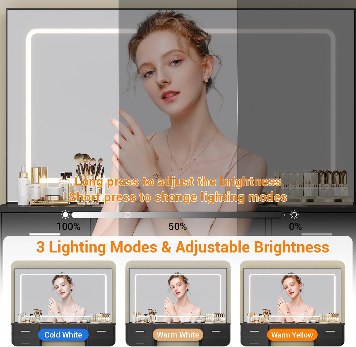 IDEALHOUSE Vanity Desk with Mirror and Lights, White Makeup Vanity with 7 Drawers, 3 Light Mode and Brightness Adjusted, Dressing Table with Hairdryer Holder for Bedroom