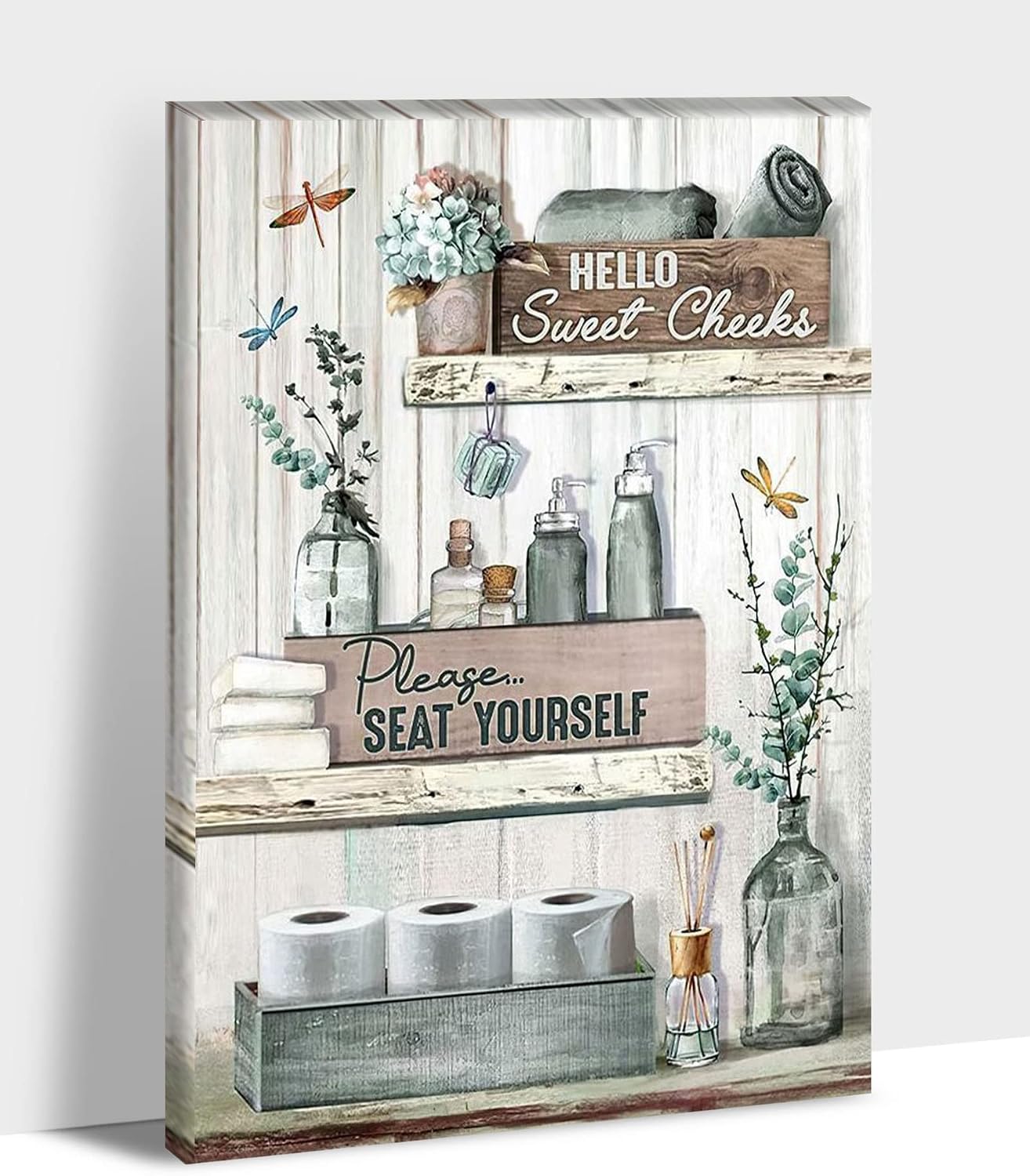 Farmhouse Bathroom Wall Decor,Bathroom Rules Wall Art,Dragonfly Canvas Prints Teal Farmhouse Pictures Country Bathroom Decor,Funny Bath Laundry Framed Artwork Rustic Home Decor 32x48 Inch