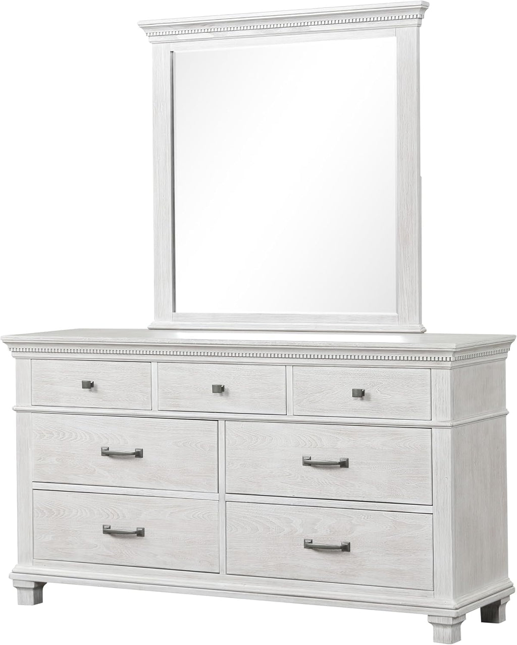 Furniture of America Deborah Modern Solid Wood 5-Piece Bedroom Set with Fabric Headboard, Dentil Molding, Black Square Knob, Felt-Lined Top Drawers, Box Spring Needed, King, Weathered Gray