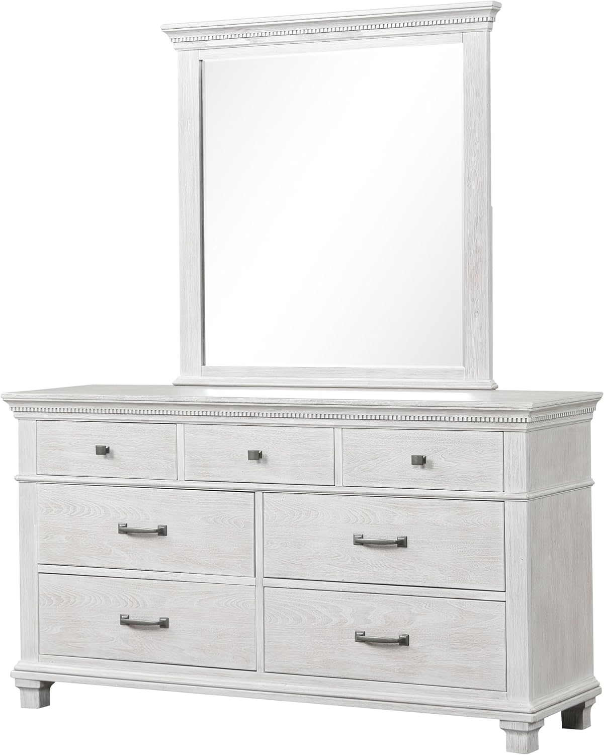 Furniture of America Deborah Modern Solid Wood 5-Piece Bedroom Set with Fabric Headboard, Dentil Molding, Black Square Knob, Felt-Lined Top Drawers, Box Spring Needed, King, Weathered Gray