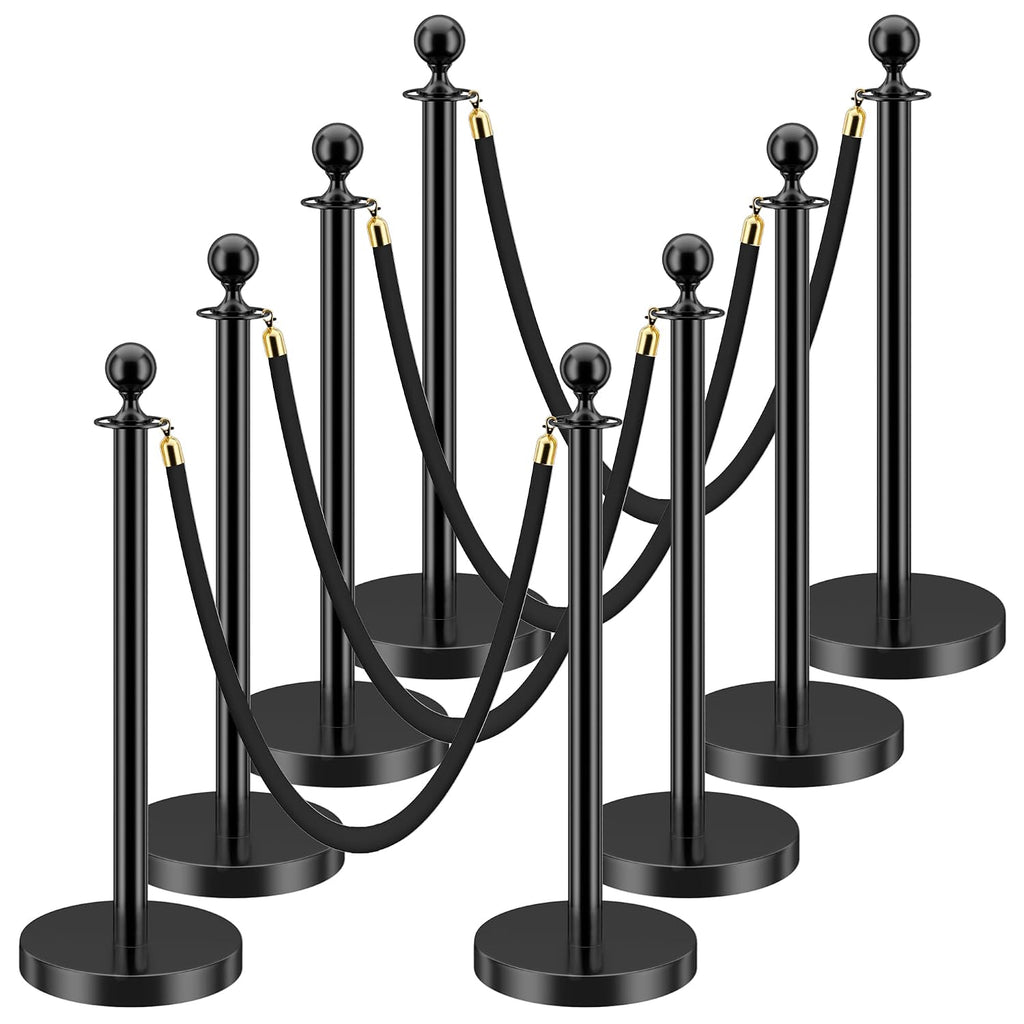 LOVMOR Crowd Control Stanchion, Set with 5 ft/1.5 m Red Velvet Rope, Set of 8 Pieces, Stanchion Rope Divider, Black Queue Barrier Line Divider with Fillable Plastic Base, Airport