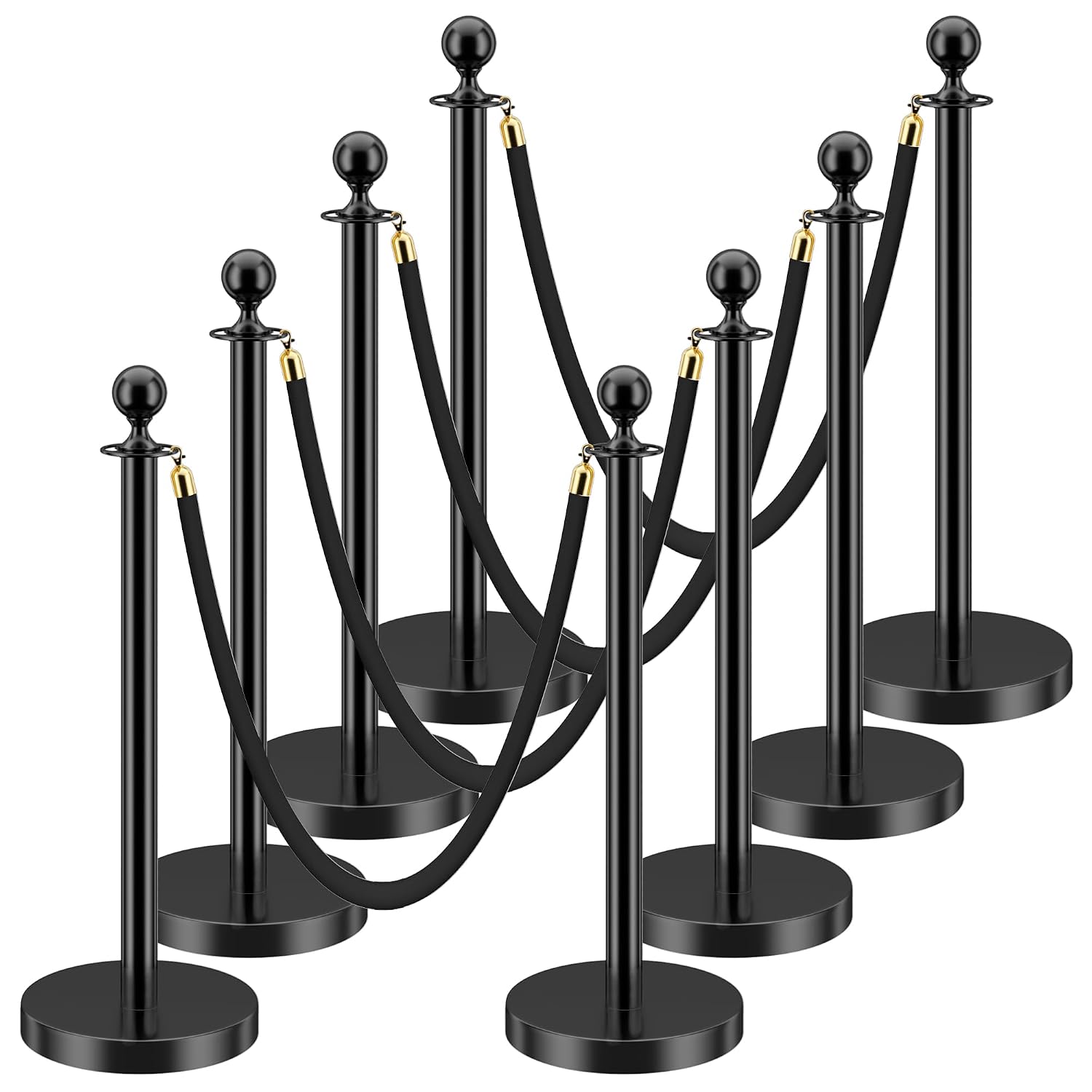 LOVMOR Crowd Control Stanchion, Set with 5 ft/1.5 m Red Velvet Rope, Set of 8 Pieces, Stanchion Rope Divider, Black Queue Barrier Line Divider with Fillable Plastic Base, Airport