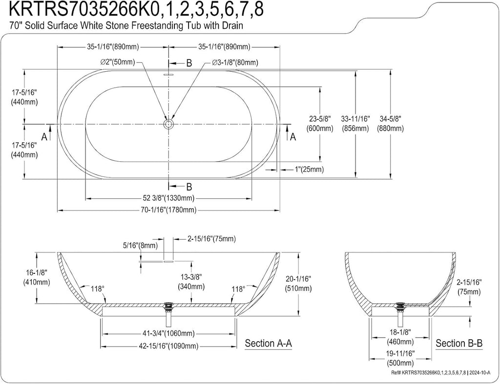 Kingston Brass KRTRS7035266K5 70' Solid Surface Oval Double Ended Freestanding Tub with Faucet Combo and Drain, Oil Rubbed Bronze