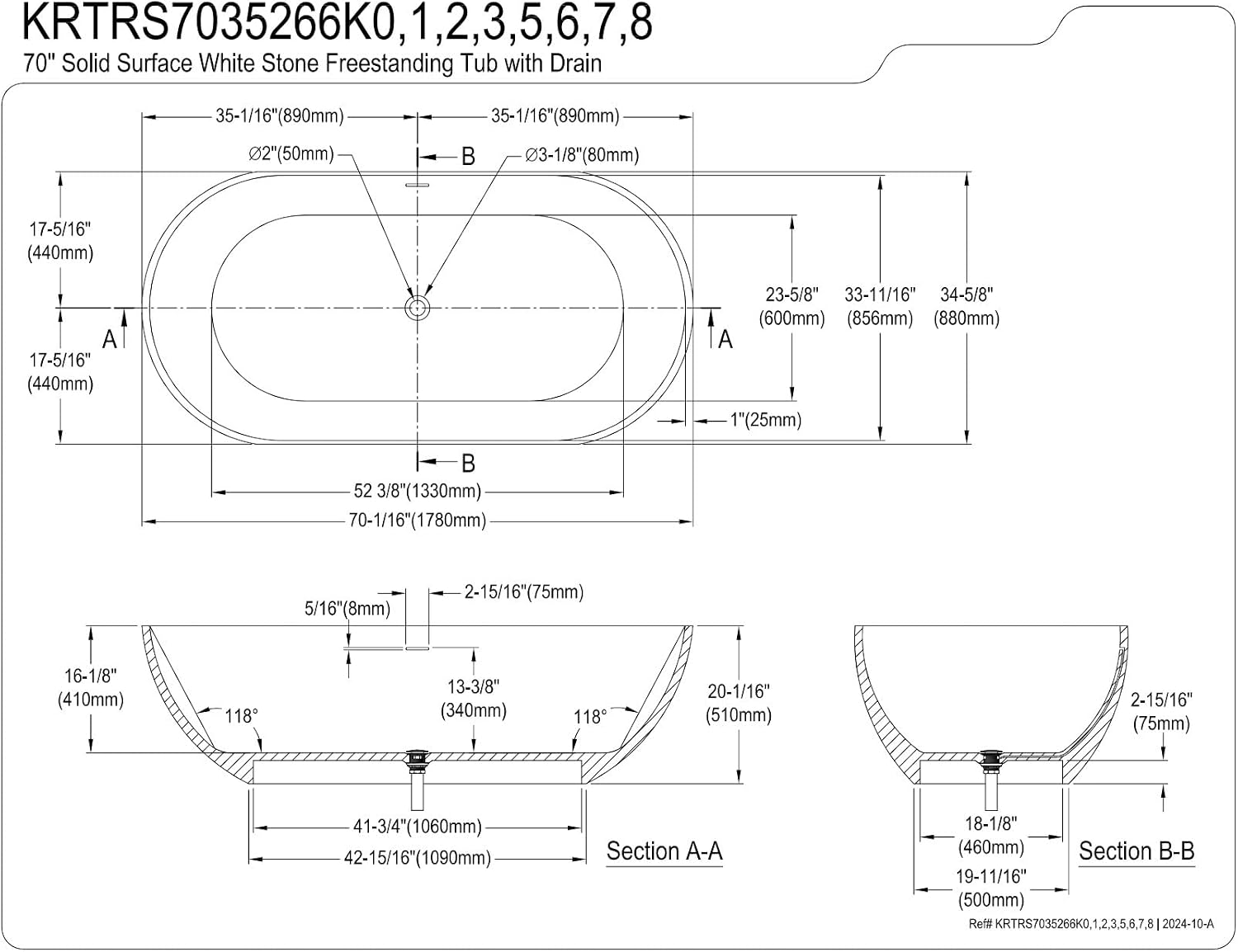 Kingston Brass KRTRS7035266K5 70' Solid Surface Oval Double Ended Freestanding Tub with Faucet Combo and Drain, Oil Rubbed Bronze