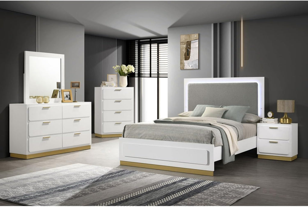 Sophia White 5-Piece California King Bedroom Set - Wood White - Built-in LED Lighting - Bedroom, Living Room - Elegant Style