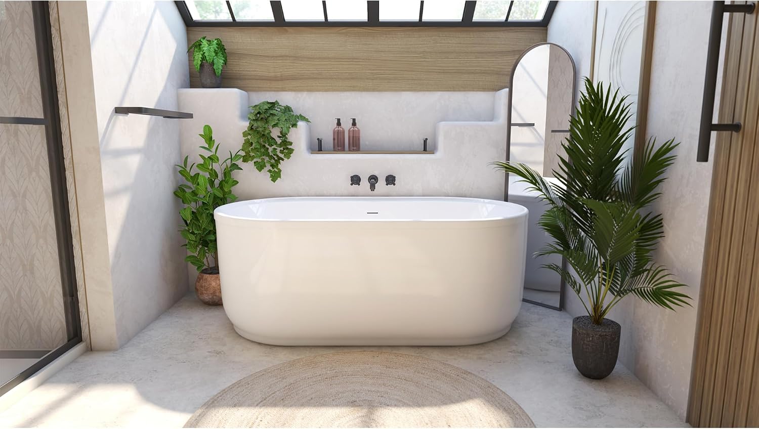 DreamLine Encore 65 3/4 inch L x 34 1/4 inch W x 23 1/8 inch H Freestanding Acrylic Bathtub with Brushed Brass Drain