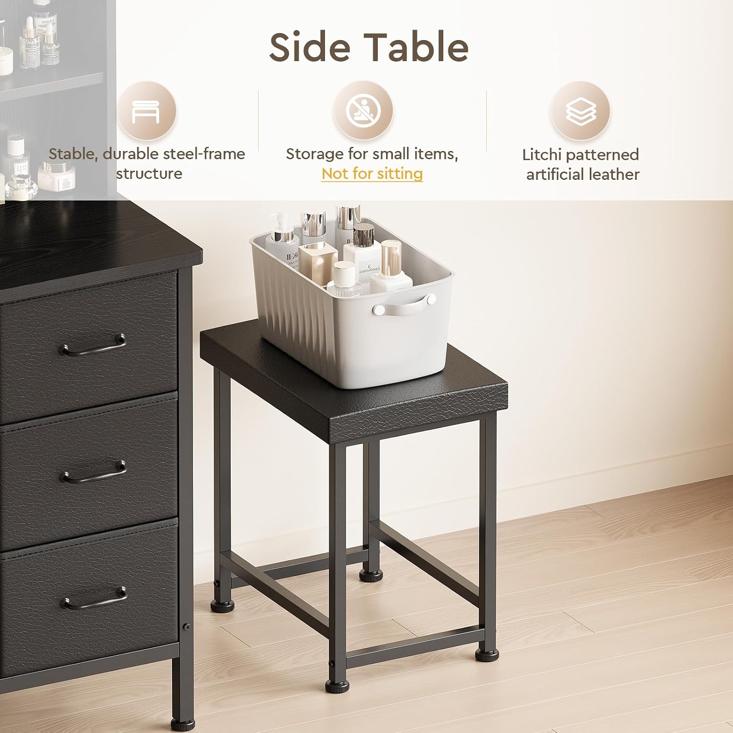 YeTom Vanity Desk with Mirror and Lights, Makeup Vanity Desk with 4 Fabric Drawers & Storage Shelves & Side Table, 3 Color Modes & Adjustable Brightness, Black Vanity, Bedroom Furniture