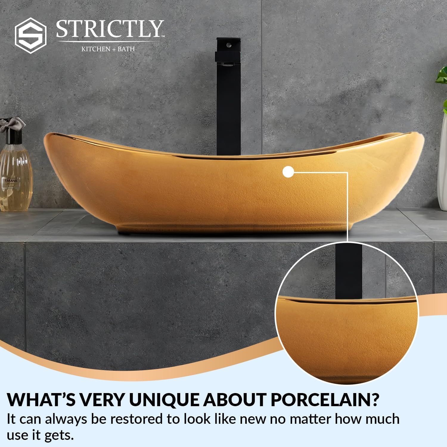 Strictly Sinks 22 Inch Gold Vessel Sink – Gold Glossy Ceramic Countertop Bathroom Sink – Easy to Install Above Counter Luxurious Vessel Sink for Bathroom