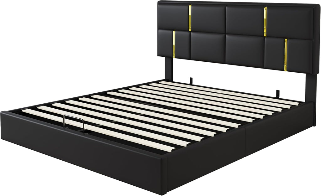 Ball & Cast Queen Size Lift Up Storage Bed,Upholstered Platform Bed with Gold Decor Headboard and Hydraulic Storage System,No Box Spring Needed,Bedroom Furniture for Apartment,Black