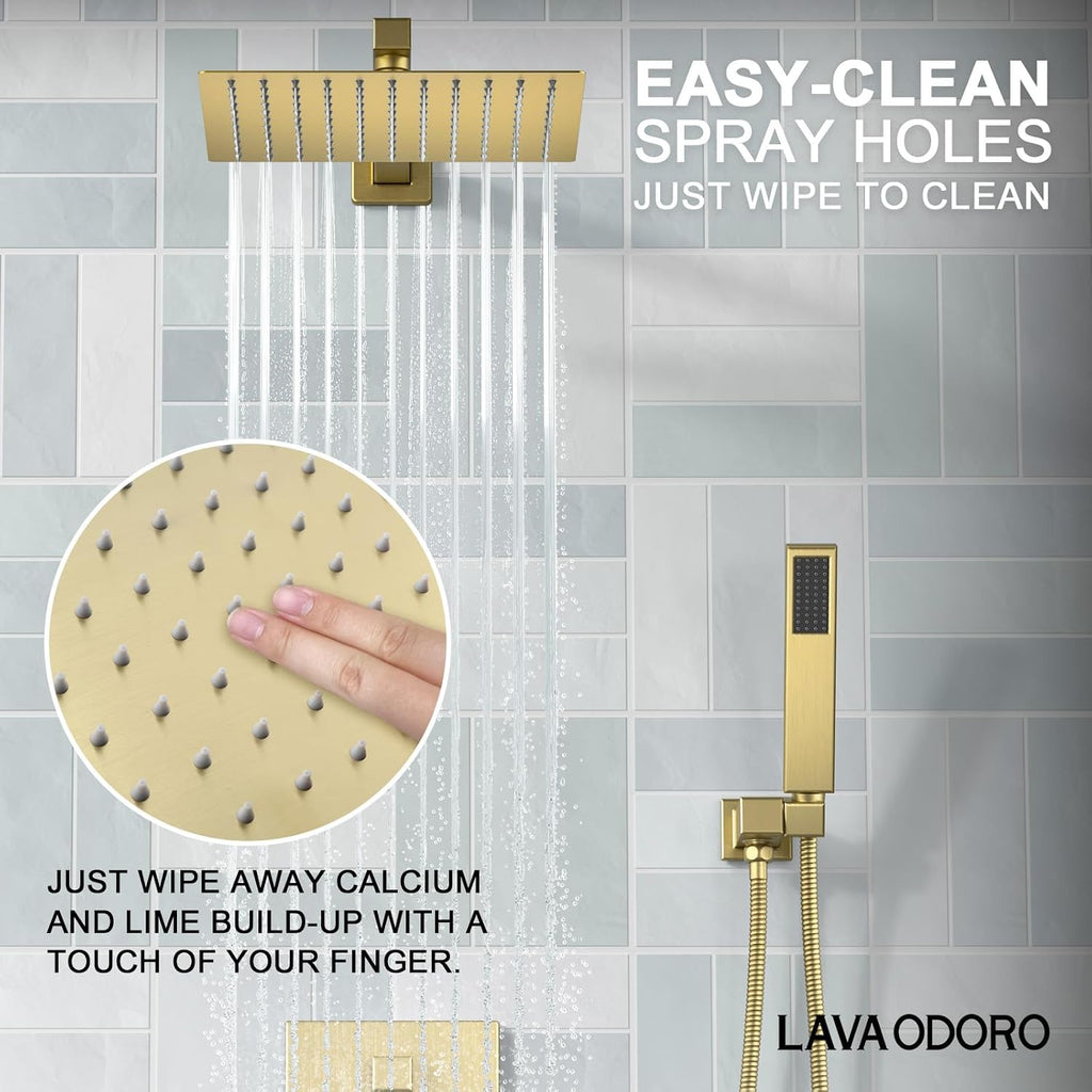 Lava Odoro 2-Setting Rainfall Shower Faucet Set and Bathroom Faucet Gold, Gold Shower Sytem with Rough-in Valve, Brushed Gold
