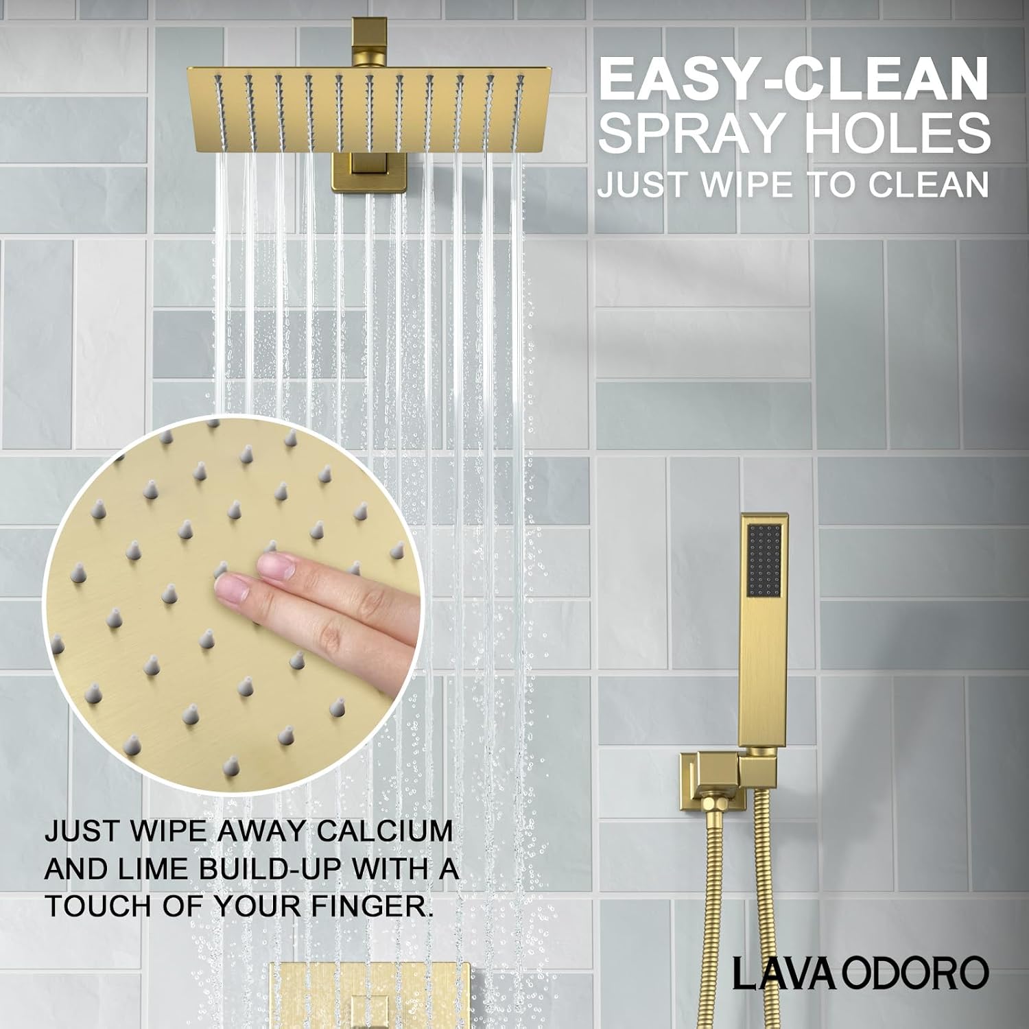 Lava Odoro 2-Setting Rainfall Shower Faucet Set and Bathroom Faucet Gold, Gold Shower Sytem with Rough-in Valve, Brushed Gold