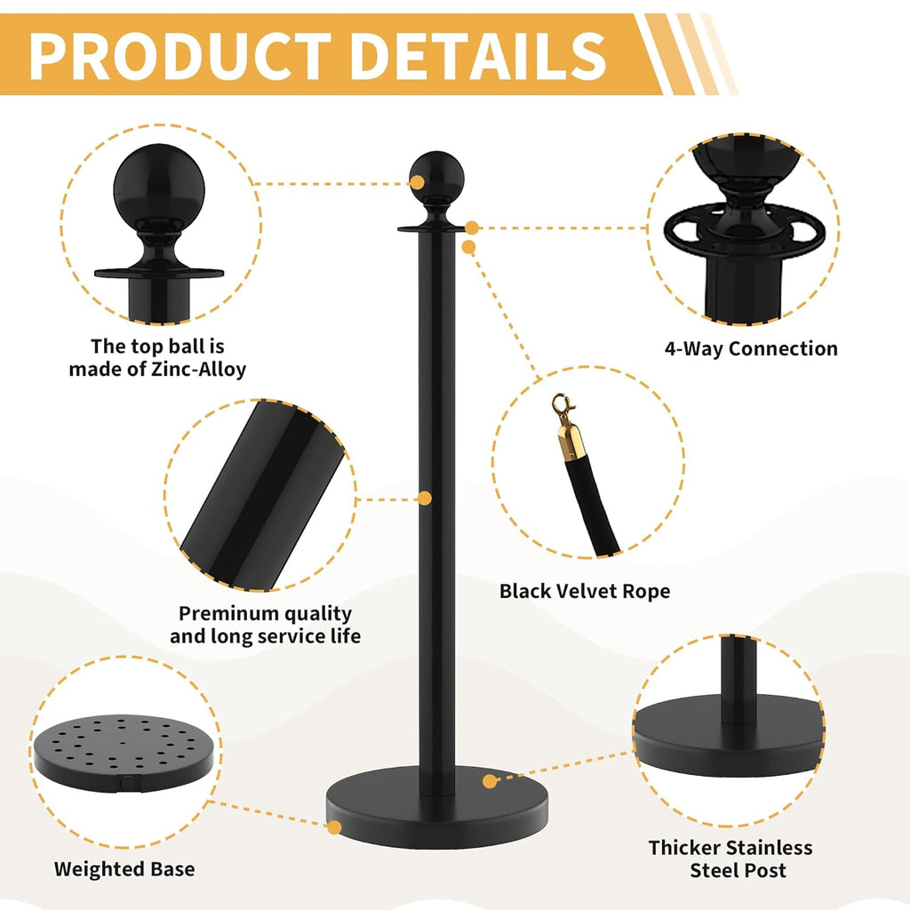 12Pcs Stanchions and Velvet Ropes, Black Stanchions with Retractable Belts, Crowd Control Barriers with Hollow Base, Red Carpet Ropes and Posts for Event & Party Supplies