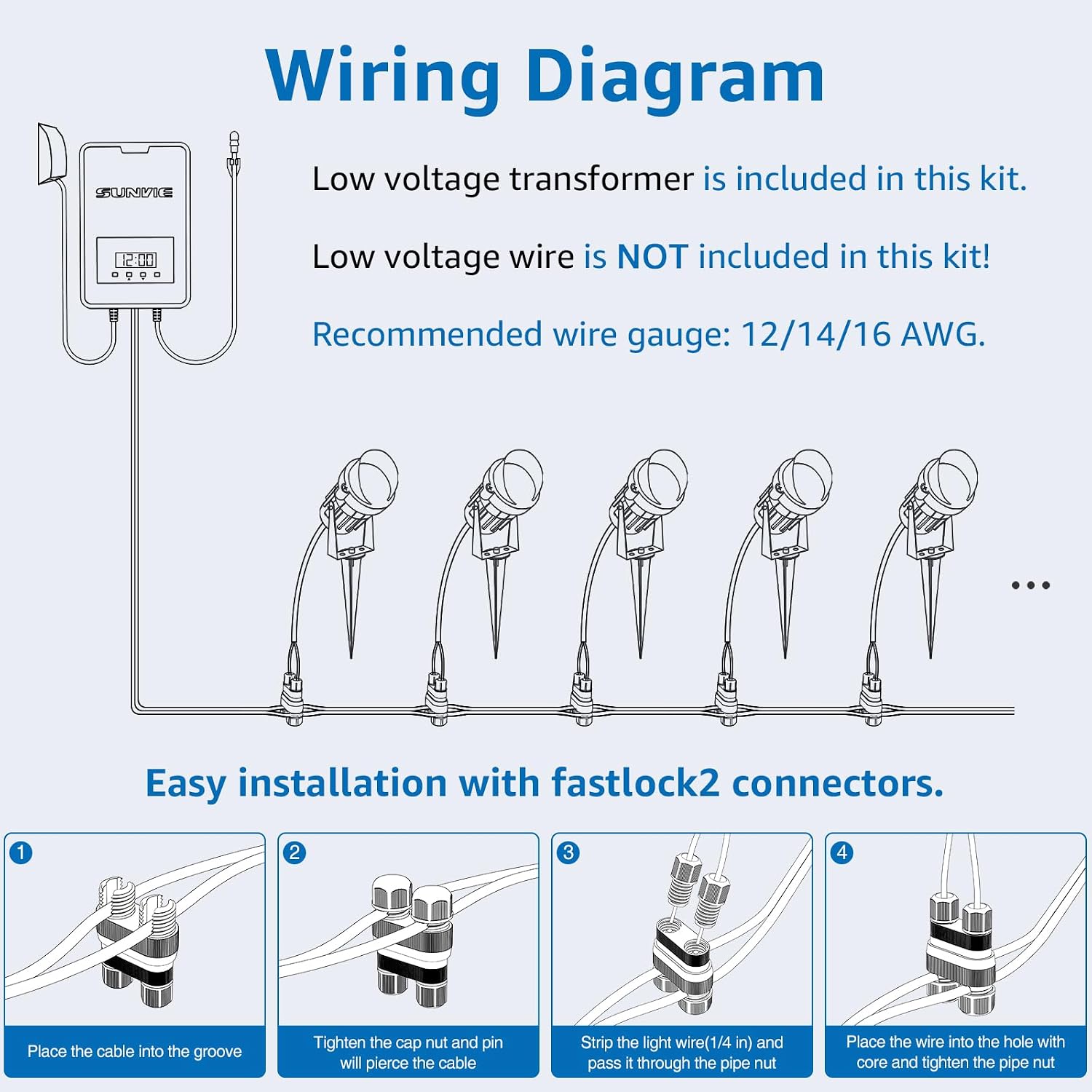 SUNVIE 12 Pack Low Voltage Landscape Lights with 300W Transformer 12-24V LED Landscape Lighting Kit 3000K Waterproof Aluminum Landscape Spotlights with Wire Connectors for House Yard Tree Garden
