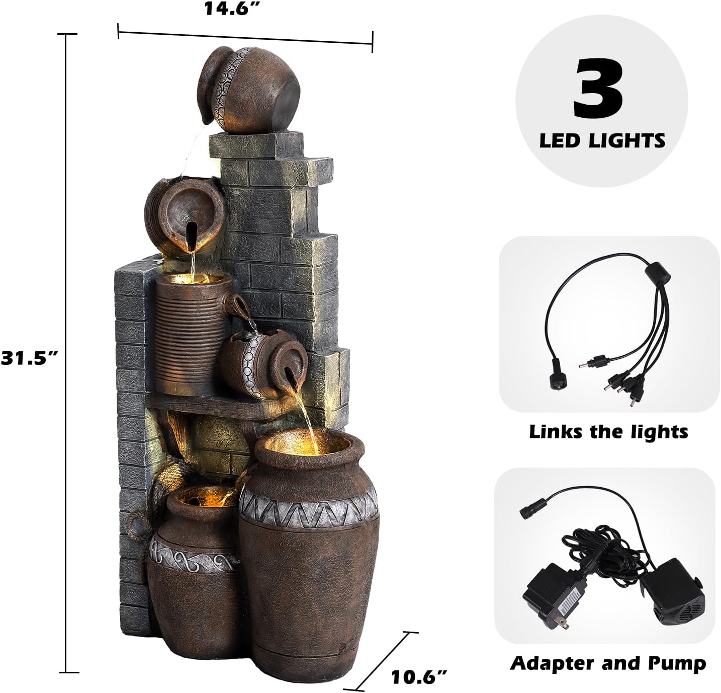 Grepatio Outdoor Water Fountain, Garden Waterfalls Fountains with LED Lights, 6 Tier Modern Indoor/Outdoor Floor Standing Water Fountain for Garden, Patio (10.6'(L) x 14.6'(W) x 31.5'(H))