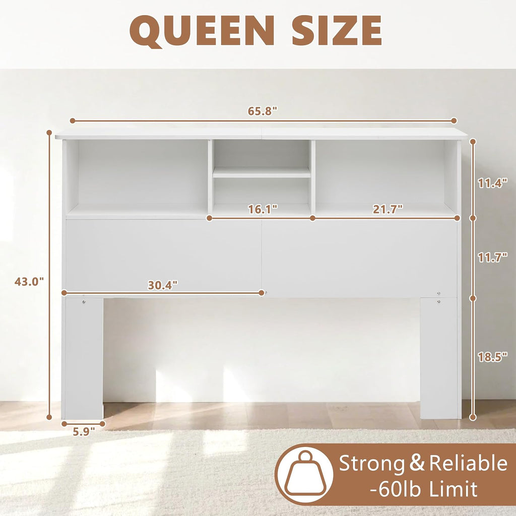 Howjoe Bookcase Headboard Queen Size, Sturdy and Durable Wood Headboards with 4 Compartments, Full/Queen Headboard with Storage, Free Standing Headboards with Adujstable Bookshelf, White