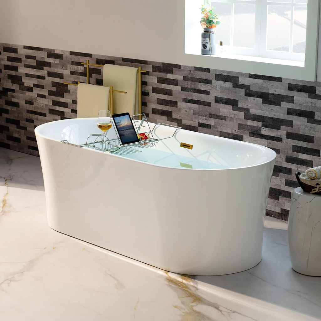WOODBRIDGE 67' Acrylic Freestanding Bathtub Contemporary Soaking Tub with Brushed Gold Overflow and Drain,White Tub,B0057-BG