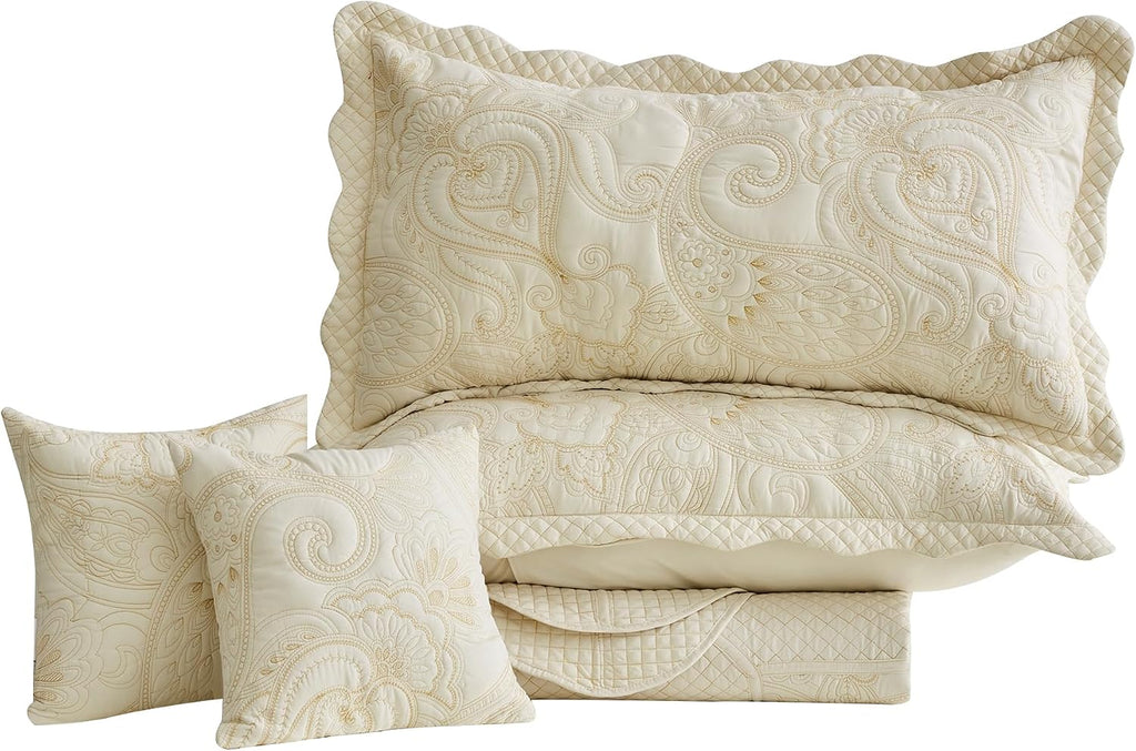 Oversized King Bedspread, Paisley Pattern Design, Lightweight Bedding Cover, Reversible, 5 Piece, 100% Microfiber, Ivory Yellow