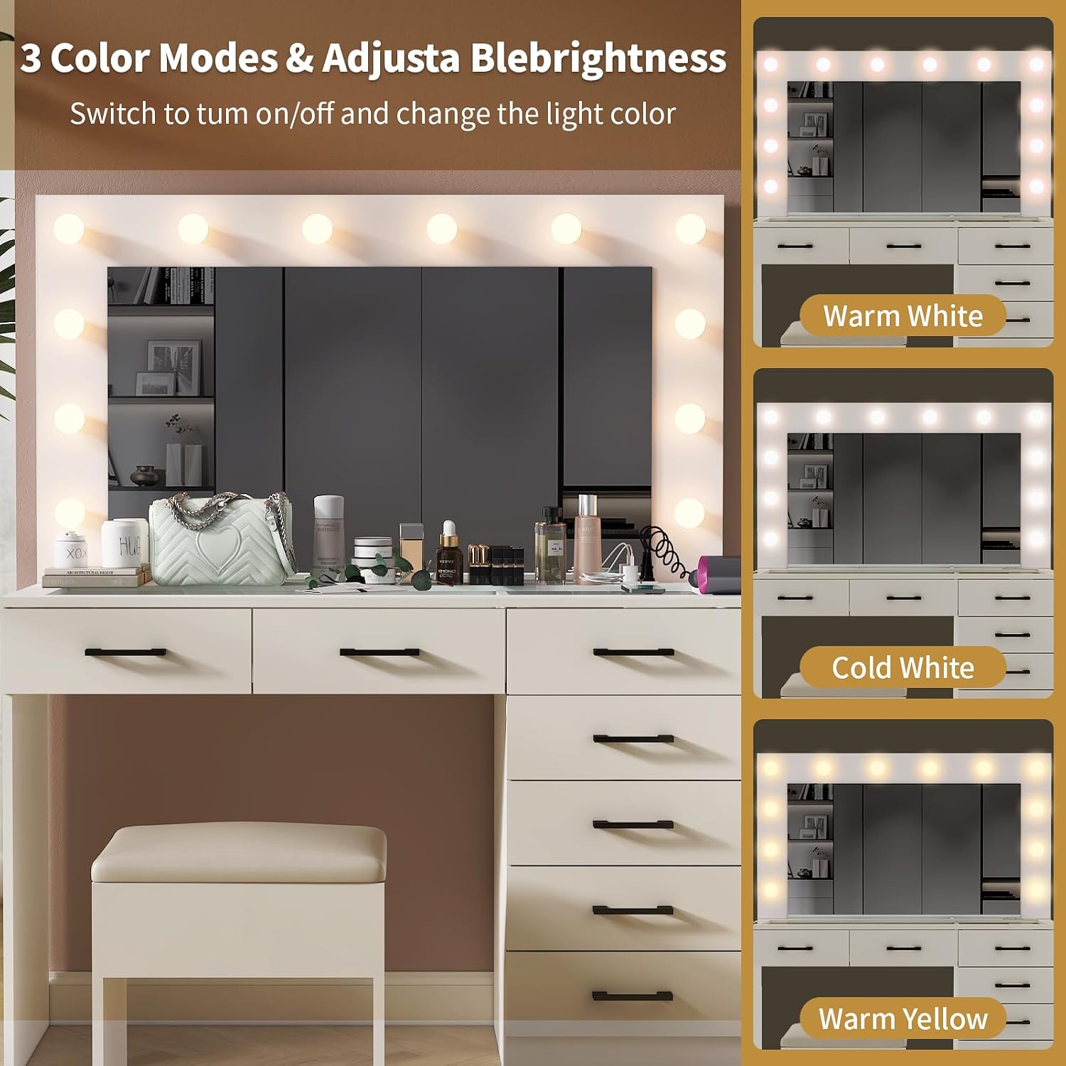 VINGLI Makeup Table with Large Mirror and 12 LED Light Bulbs, Vanity Desk Set with Padded Stool & 7 Drawers, Dressing Table with Glass Top & Charging Station for Dressing Room Bedroom, White